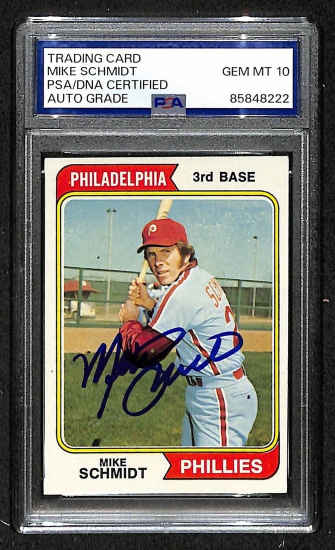 1974 Topps Mike Schmidt Phillies HOF signed PSA DNA GEM 10: 1974 Topps Mike Schmidt Phillies HOF signed PSA DNA GEM 10 This is an original 1974 Topps Card #283 featuring Mike Schmidt of the Philadelphia Phillies. The card is hand-signed and has been authentica