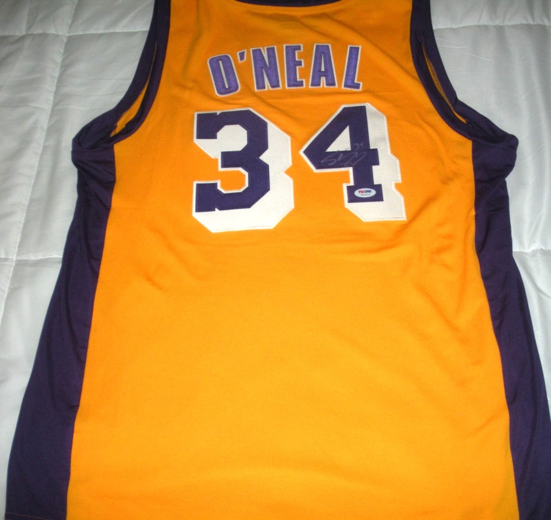 Shaquille O'Neal signed Lakers official licensed NBA jersey PSA DNA COA: Shaquille O'Neal signed Lakers official licensed NBA jersey PSA DNA COA This official licensed NBA jersey is signed by Shaquille O'Neal of the Los Angeles Lakers. The jersey is an original item and co