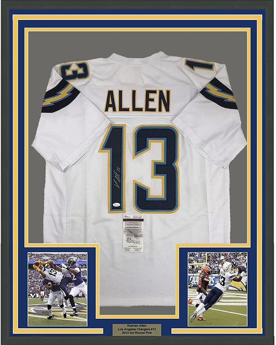 Keenan Allen Signed Chargers Jersey Framed 33x42 With JSA Authentication: Keenan Allen Signed Chargers Jersey Framed 33x42 With JSA Authentication This professionally framed and matted display features a white Los Angeles Chargers jersey autographed by Keenan Allen. The pie