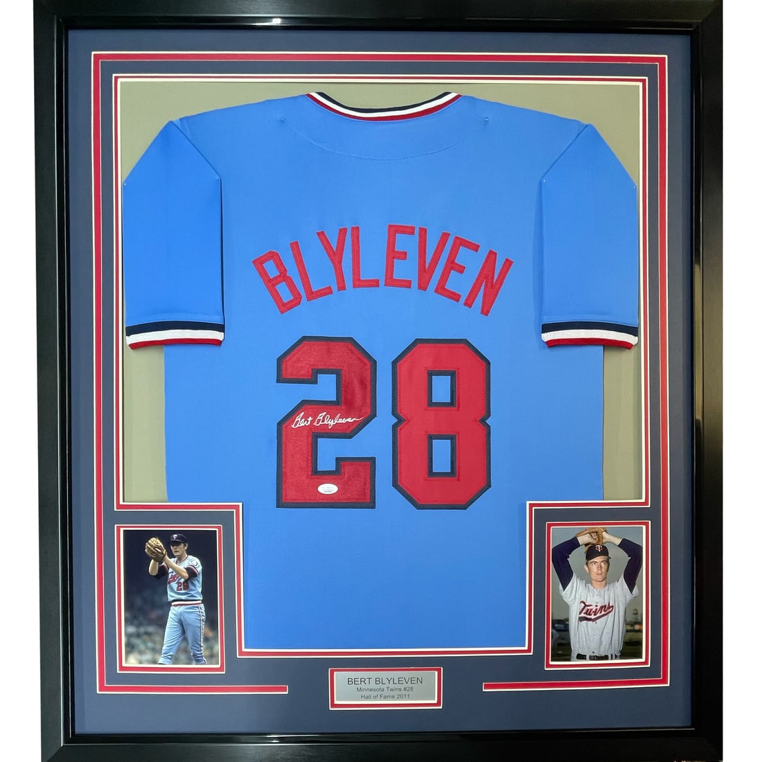 Framed Bert Blyleven Autographed Light Blue Jersey JSA COA 33x42: Framed Bert Blyleven Autographed Light Blue Jersey JSA COA 33x42 Celebrate the legacy of baseball legend Bert Blyleven with this stunning framed and autographed light blue jersey. This authentic MLB i