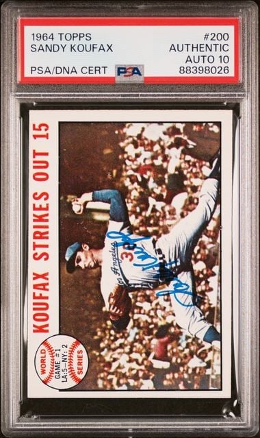 Sandy Koufax 1964 Topps Signed Baseball Card PSA Authentic Auto 10: Sandy Koufax 1964 Topps Signed Baseball Card PSA Authentic Auto 10 This is a 1964 Topps baseball card featuring Sandy Koufax, a legendary pitcher for the Los Angeles Dodgers. The card is hand-signed b