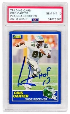 PSA 10 Cris Carter Eagles 1989 Score Rookie Card HOF 13 Signed: PSA 10 Cris Carter Eagles 1989 Score Rookie Card HOF 13 Signed This is a Cris Carter autographed 1989 Score rookie card #72, featuring his signature along with the 'HOF 13' inscription. The card is au