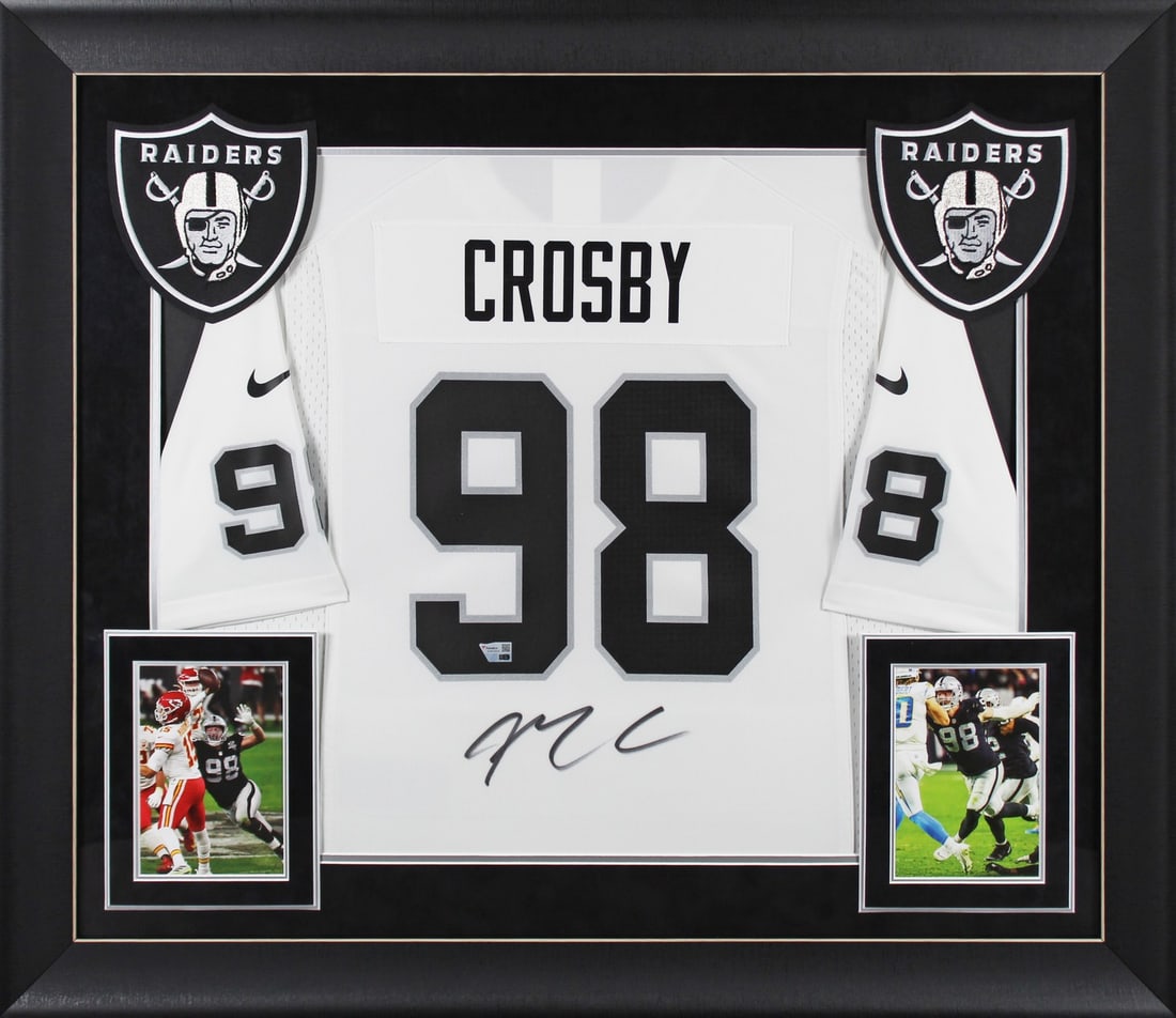 Framed White Nike Jersey Signed by Maxx Crosby Fanatics Authenticated: Framed White Nike Jersey Signed by Maxx Crosby Fanatics Authenticated This framed white Nike Game jersey features the authentic signature of Maxx Crosby from the Las Vegas Raiders. Personally signed b