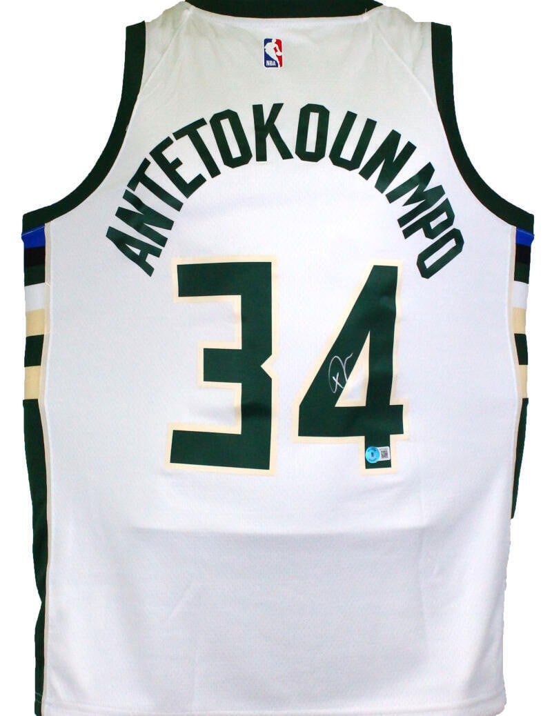 Giannis Antetokounmpo Signed Milwaukee Bucks White Jersey with BAS Authentication: Giannis Antetokounmpo Signed Milwaukee Bucks White Jersey with BAS Authentication This is an original autographed white Swingman jersey of Giannis Antetokounmpo, the star player of the Milwaukee Bucks