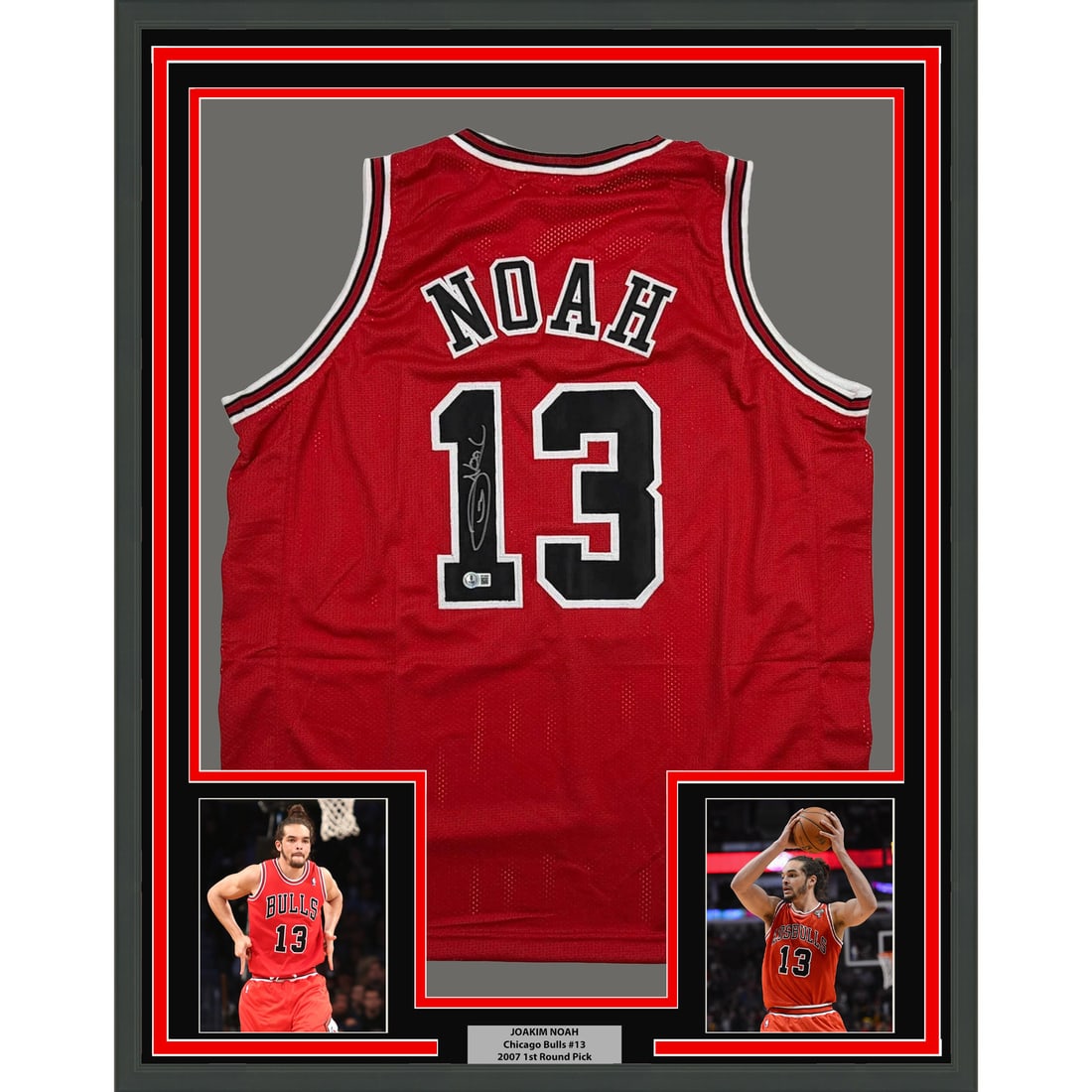 Joakim Noah Signed Chicago Bulls Jersey Display with Photos Beckett COA 35x39 Framed: Joakim Noah Signed Chicago Bulls Jersey Display with Photos Beckett COA 35x39 Framed This professionally framed and matted display features a Chicago Bulls red jersey autographed by Joakim Noah. The p
