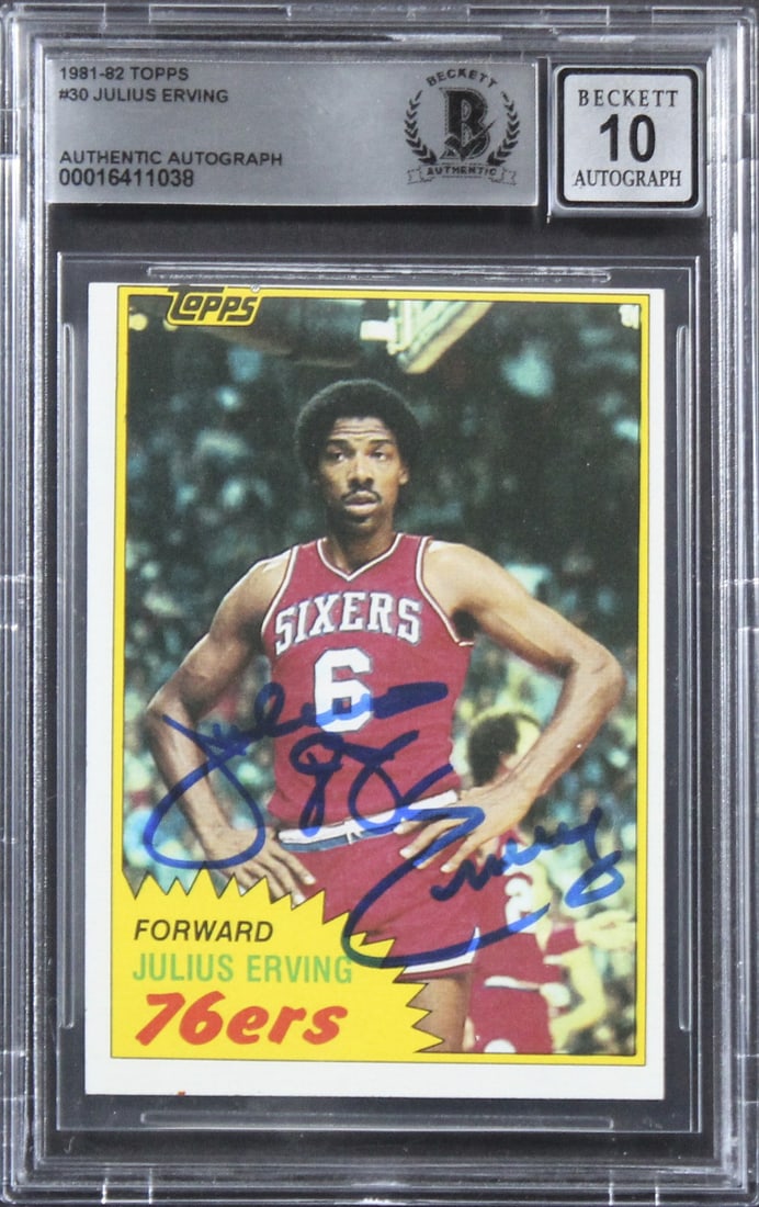 Julius Dr. J. Erving Signed 1981 Topps #30 Card Gem Mint 10 BAS: Julius Dr. J. Erving Signed 1981 Topps #30 Card Gem Mint 10 BAS Celebrate basketball history with this signed 1981 Topps #30 card of Julius "Dr. J." Erving, featuring a perfect Gem Mint 10 grade from 