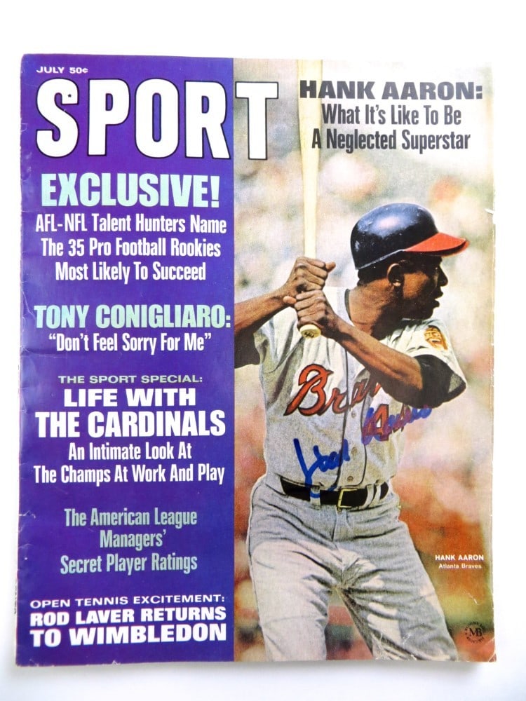 Hank Aaron Autographed 1968 Magazine Atlanta Braves JSA Certified: Hank Aaron Autographed 1968 Magazine Atlanta Braves JSA Certified This is an original magazine featuring Hank Aaron, the legendary player for the Atlanta Braves, with his authentic autograph. The maga