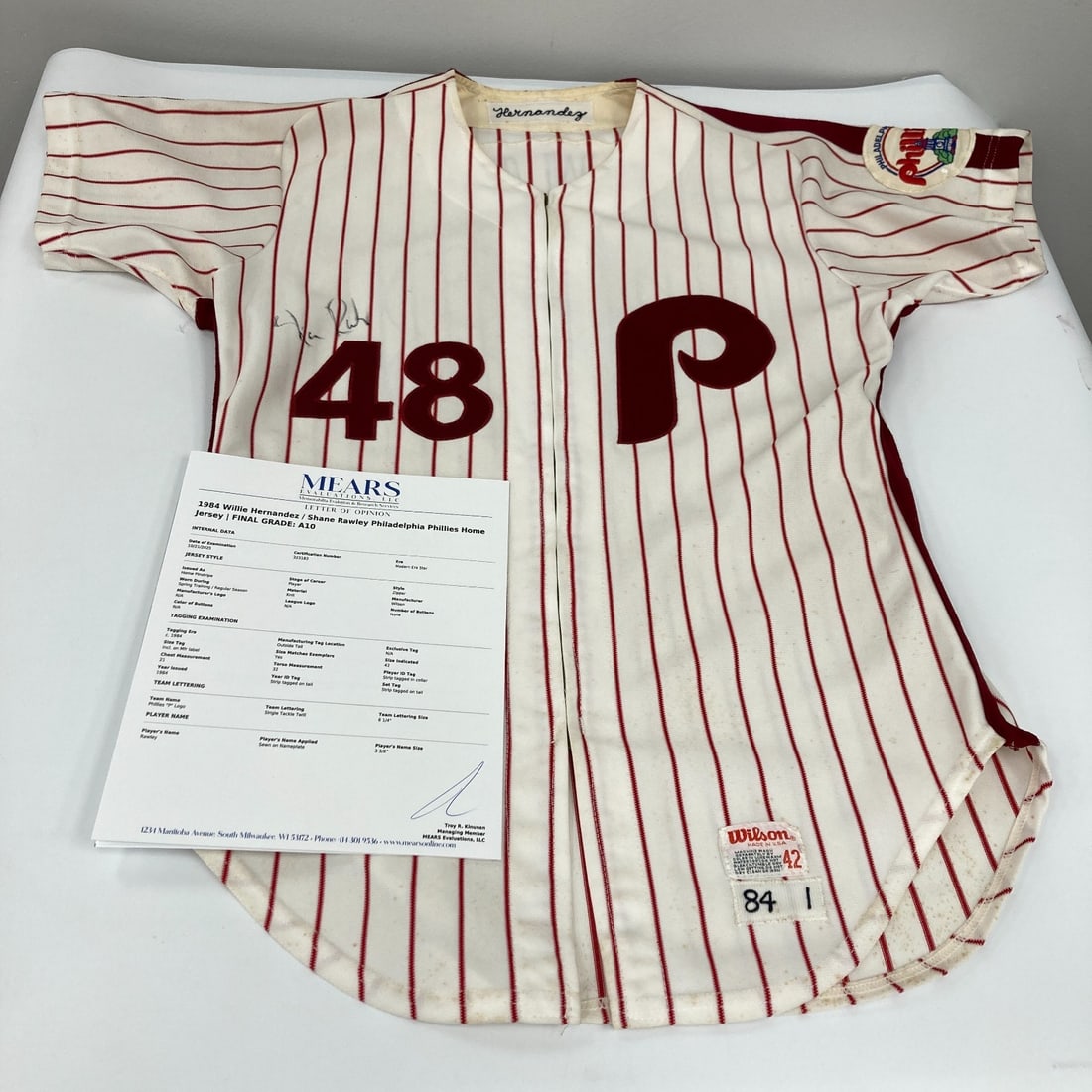 Willie Hernandez Shane Rawley Game Used Phillies Jersey MEARS A10 COA: Willie Hernandez Shane Rawley Game Used Phillies Jersey MEARS A10 COA This is an officially licensed game-used jersey from the Philadelphia Phillies, featuring the names of Willie Hernandez and Shane 