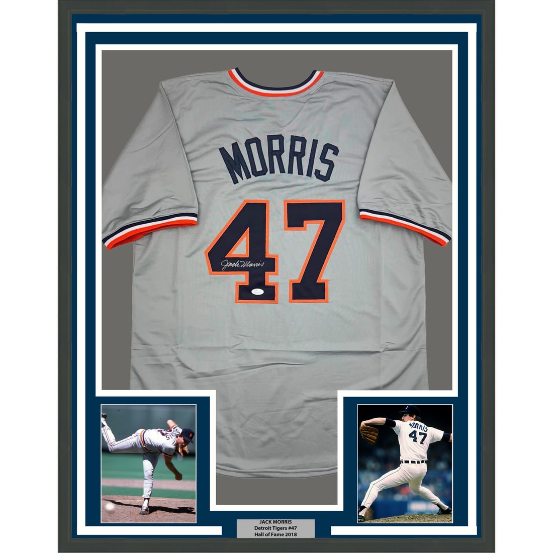 Jack Morris Signed Detroit Tigers Jersey in 35x39 Frame JSA Authenticated: Jack Morris Signed Detroit Tigers Jersey in 35x39 Frame JSA Authenticated This professionally framed and matted display features a Detroit Tigers grey baseball jersey autographed by Jack Morris. The p