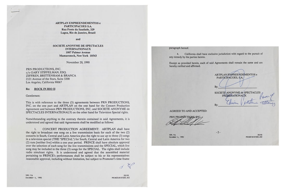 Prince signed 1991 Rock in Rio II contract JSA COA (1 of 6)