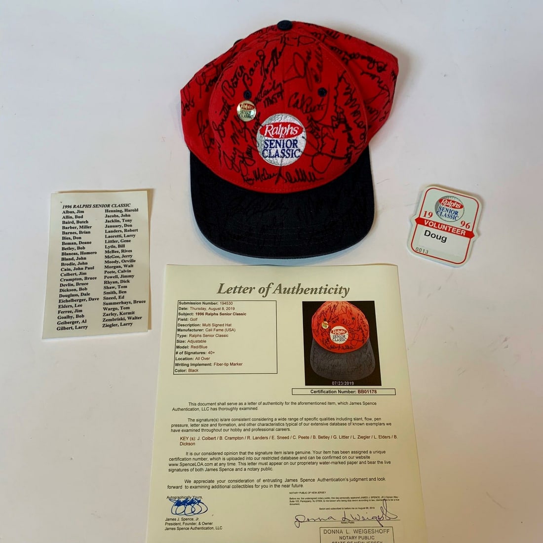 1996 PGA Ralphs Senior Classic Signed Hat 46 Autographs JSA COA: 1996 PGA Ralphs Senior Classic Signed Hat 46 Autographs JSA COA This unique 1996 PGA Ralphs Senior Classic signed golf hat is a collector's dream. The red Volunteers baseball-style cap, produced by Ca