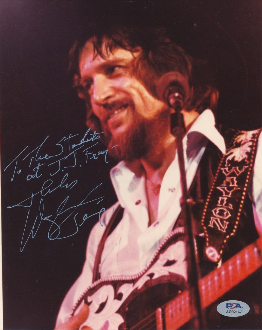Waylon Jennings Signed Inscribed 8x10 Photo PSA/DNA Certified: Waylon Jennings Signed Inscribed 8x10 Photo PSA/DNA Certified This is an original Waylon Jennings signed and inscribed 8x10 photo, capturing the legendary performer in a moment of artistry. The photo 