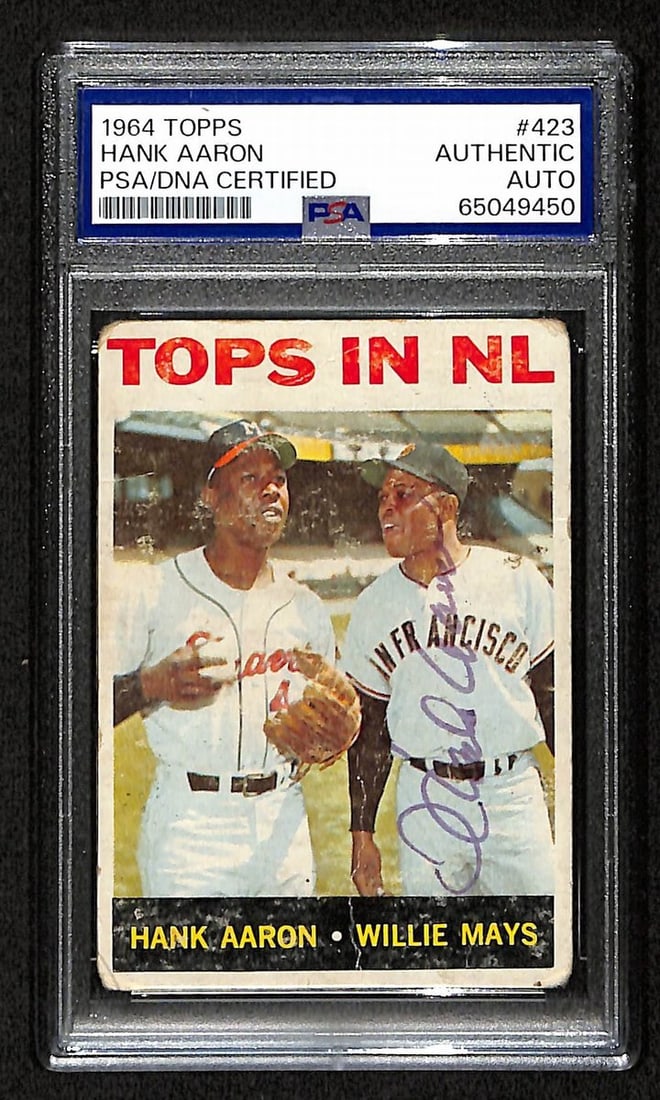 Hank Aaron Signed 1964 TOPPS Card #423 Braves PSA/DNA Authenticated: Hank Aaron Signed 1964 TOPPS Card #423 Braves PSA/DNA Authenticated This offering features a Hank Aaron Hall of Fame Signed/Auto 1964 TOPPS Card #423 from the Braves. The card is authenticated by PSA/