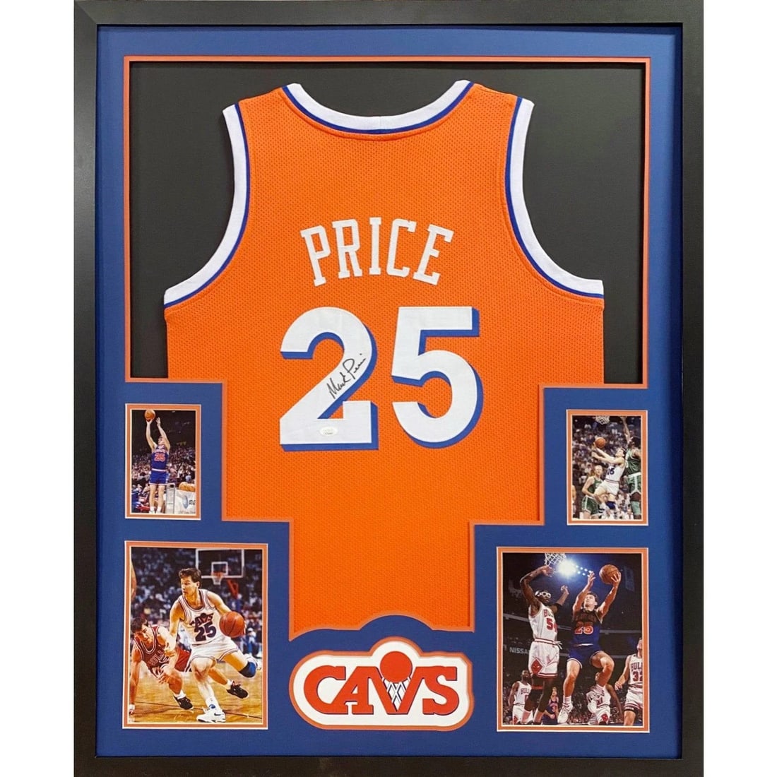 Framed Cleveland Cavaliers Orange Jersey Signed by Mark Price with JSA COA: Framed Cleveland Cavaliers Orange Jersey Signed by Mark Price with JSA COA This framed orange Cleveland Cavaliers jersey is autographed by Mark Price and includes authentication from JSA with a tamper