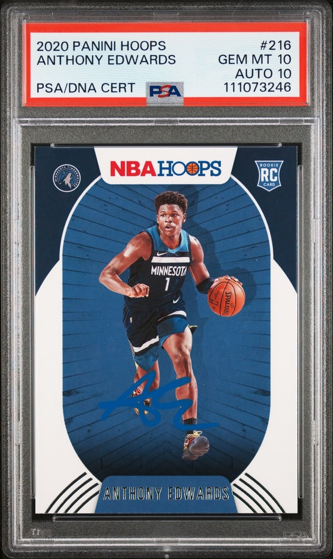 Anthony Edwards Signed 2020 Panini Hoops #216 Rookie Card PSA Gem Mint 10: Anthony Edwards Signed 2020 Panini Hoops #216 Rookie Card PSA Gem Mint 10 This 2020 Panini Hoops #216 Rookie Card is a remarkable collectible featuring the signature of Anthony Edwards, a standout pla