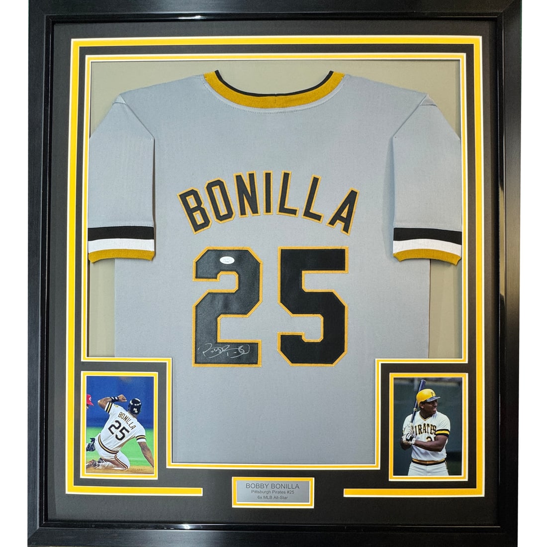 Framed Bobby Bonilla Autographed Grey Jersey Pittsburgh Pirates JSA COA: Framed Bobby Bonilla Autographed Grey Jersey Pittsburgh Pirates JSA COA Showcase your love for baseball with this framed, autographed Bobby Bonilla jersey from the Pittsburgh Pirates. This striking gr