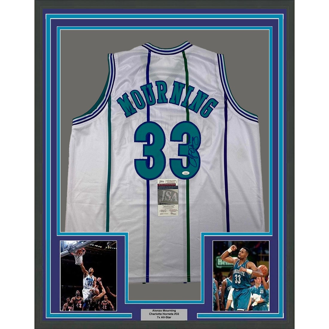 Framed Alonzo Mourning Autographed Jersey Charlotte Hornets JSA COA: Framed Alonzo Mourning Autographed Jersey Charlotte Hornets JSA COA This professionally framed and matted collectible features a signed Alonzo Mourning Charlotte Hornets jersey, measuring 33x42 inches