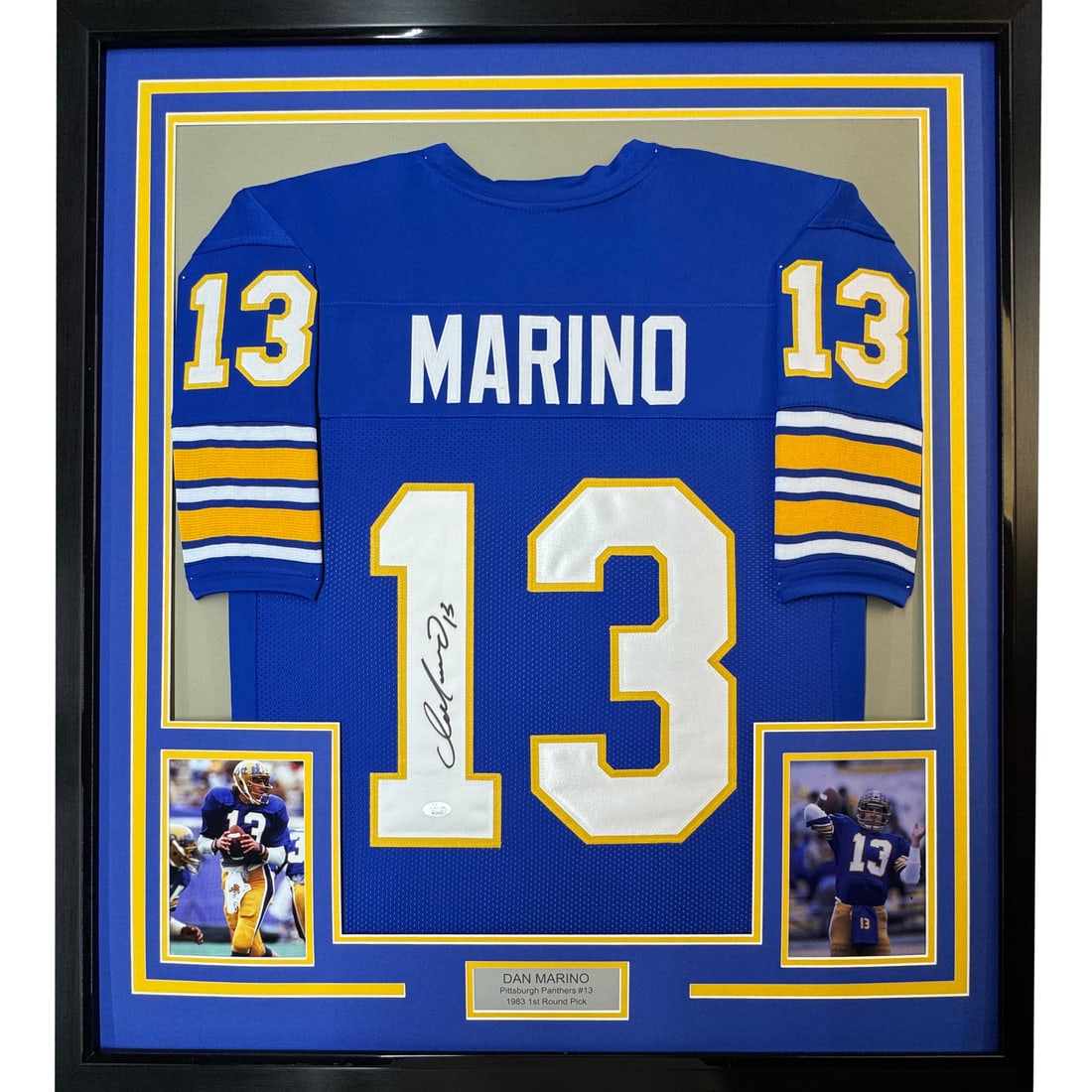Framed Dan Marino Autographed College Jersey 35x39 Beckett COA: Framed Dan Marino Autographed College Jersey 35x39 Beckett COA This professionally framed and matted collectible features an autographed Dan Marino blue college jersey from his time with the Pittsburg