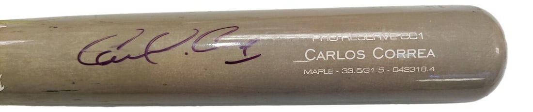 Game-Used Houston Astros Bat Signed by Carlos Correa with PSA/DNA Authentication: Game-Used Houston Astros Bat Signed by Carlos Correa with PSA/DNA Authentication This is a game-used Victus baseball bat autographed by Carlos Correa from the Houston Astros. The bat is from the Unite