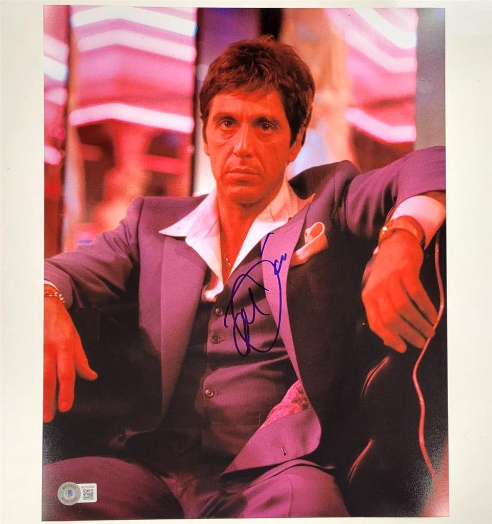 Al Pacino Scarface 11x14 Signed Photo Beckett Authenticated: Al Pacino Scarface 11x14 Signed Photo Beckett Authenticated This is an original 11x14 photograph from the iconic movie Scarface, autographed by the legendary actor Al Pacino. The autograph has been au