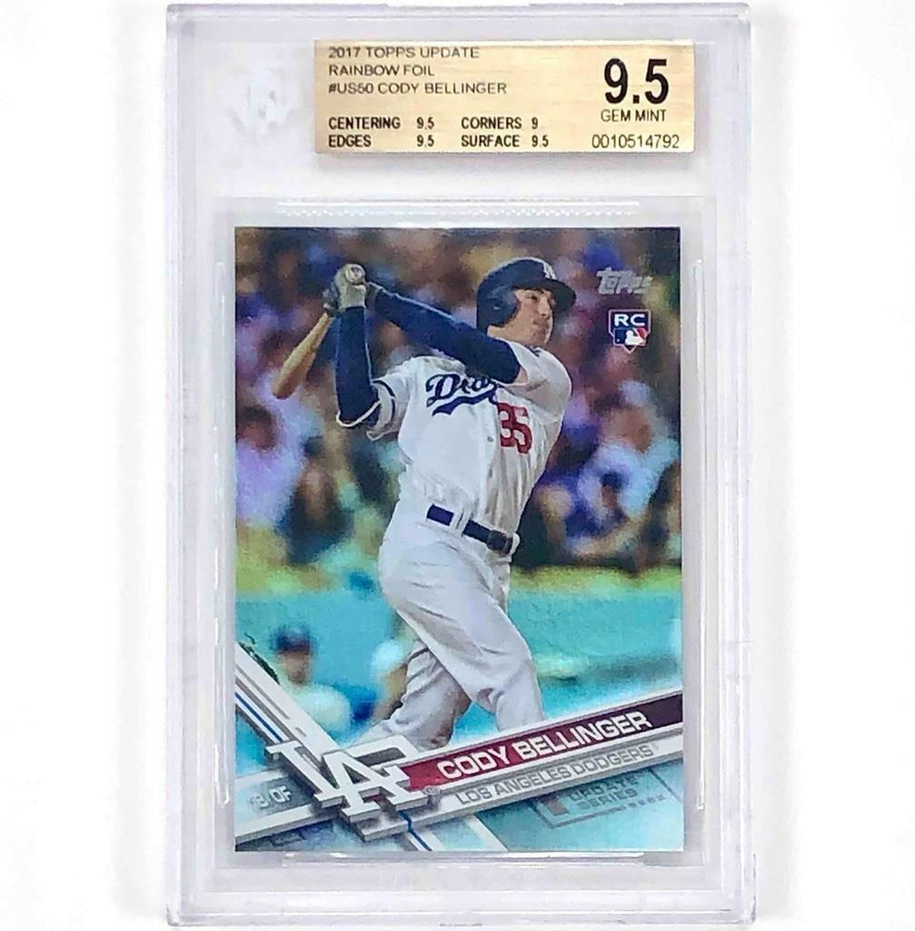 Cody Bellinger Rookie Rainbow Foil SP Baseball Card BGS 9.5 2017 Topps Update: Cody Bellinger Rookie Rainbow Foil SP Baseball Card BGS 9.5 2017 Topps Update This is a 2017 Topps Update Series US50 Cody Bellinger rookie card featuring the Rainbow Foil short print parallel. The ca