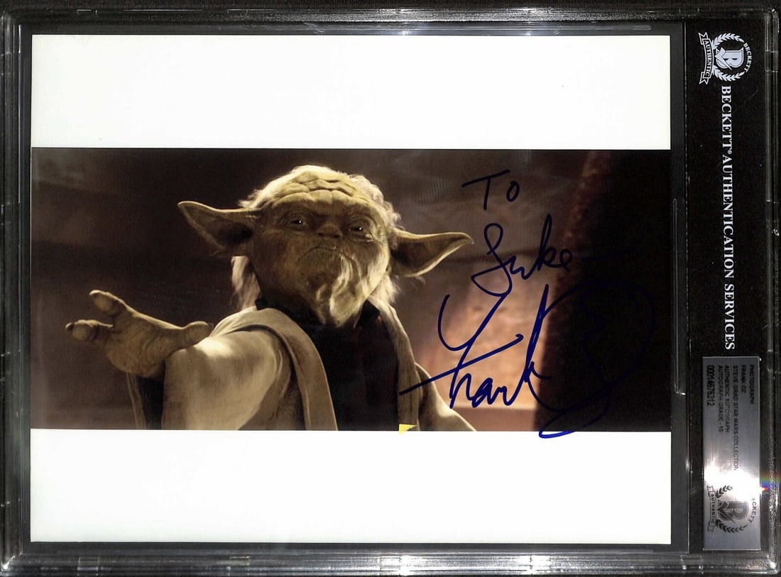 Frank Oz Autographed 8x10 Yoda Photo Inscribed To Luke Beckett 10: Frank Oz Autographed 8x10 Yoda Photo Inscribed To Luke Beckett 10 This is an original 8x10 color photograph signed by Frank Oz, the actor who voiced Yoda in Star Wars: Attack of the Clones. The photo 