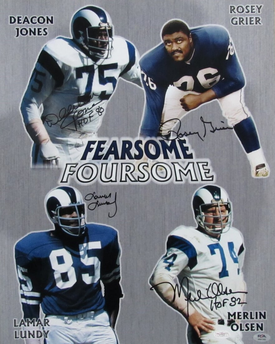 Fearsome Foursome Signed 16x20 LA Rams Photo PSA/DNA: Fearsome Foursome Signed 16x20 LA Rams Photo PSA/DNA This original 16x20 photo features the iconic Fearsome Foursome, a legendary defensive line from the LA Rams, signed by four renowned players: Deac