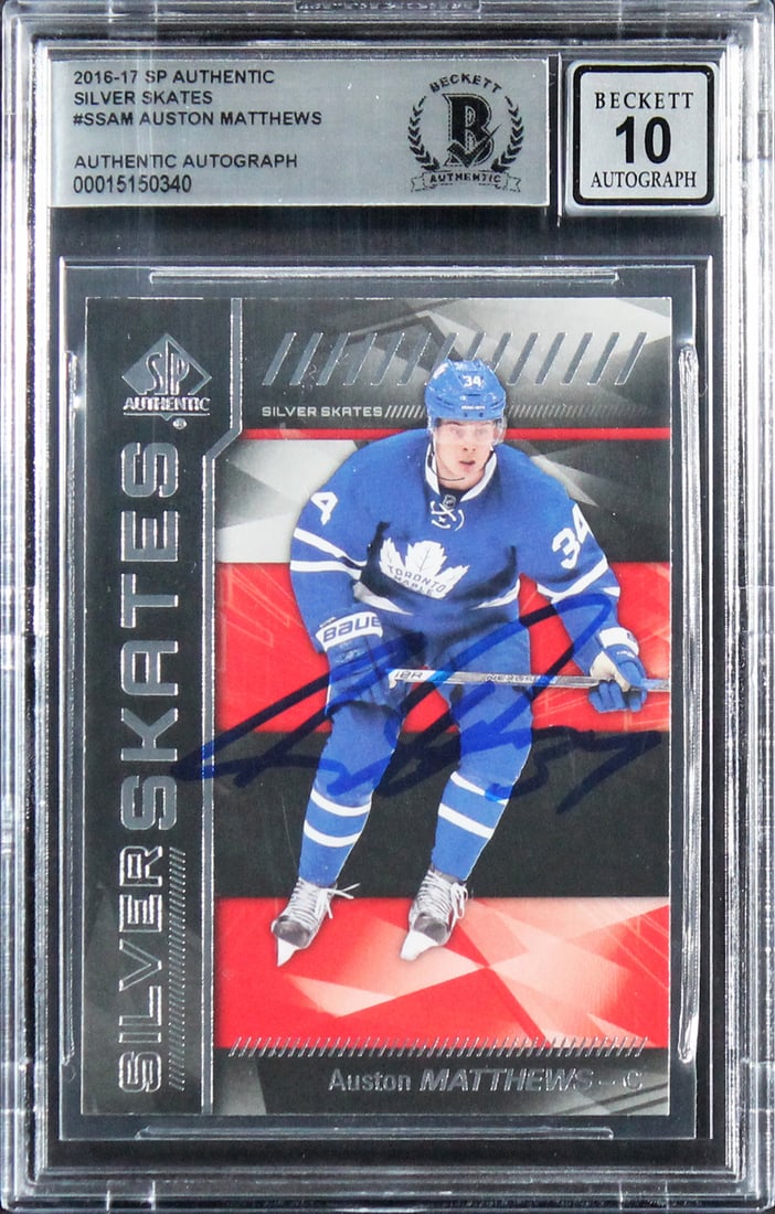Auston Matthews Autographed 2016 SP Silver Skates #SSAM Card Gem Mint 10 BAS: Auston Matthews Autographed 2016 SP Silver Skates #SSAM Card Gem Mint 10 BAS This 2016 SP Authentic Silver Skates #SSAM card features a Gem Mint 10 grade and is personally signed by Auston Matthews of