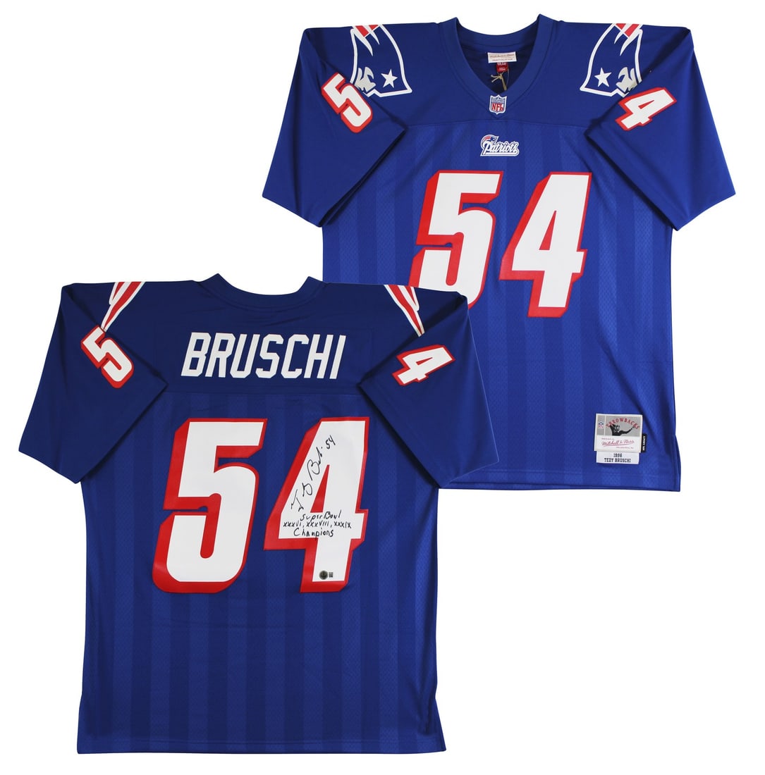 Tedy Bruschi Signed Navy Patriots Jersey with Super Bowl Inscription BAS Authenticated: Tedy Bruschi Signed Navy Patriots Jersey with Super Bowl Inscription BAS Authenticated Celebrate the legacy of Tedy Bruschi with this autographed navy Mitchell & Ness throwback jersey, featuring the i