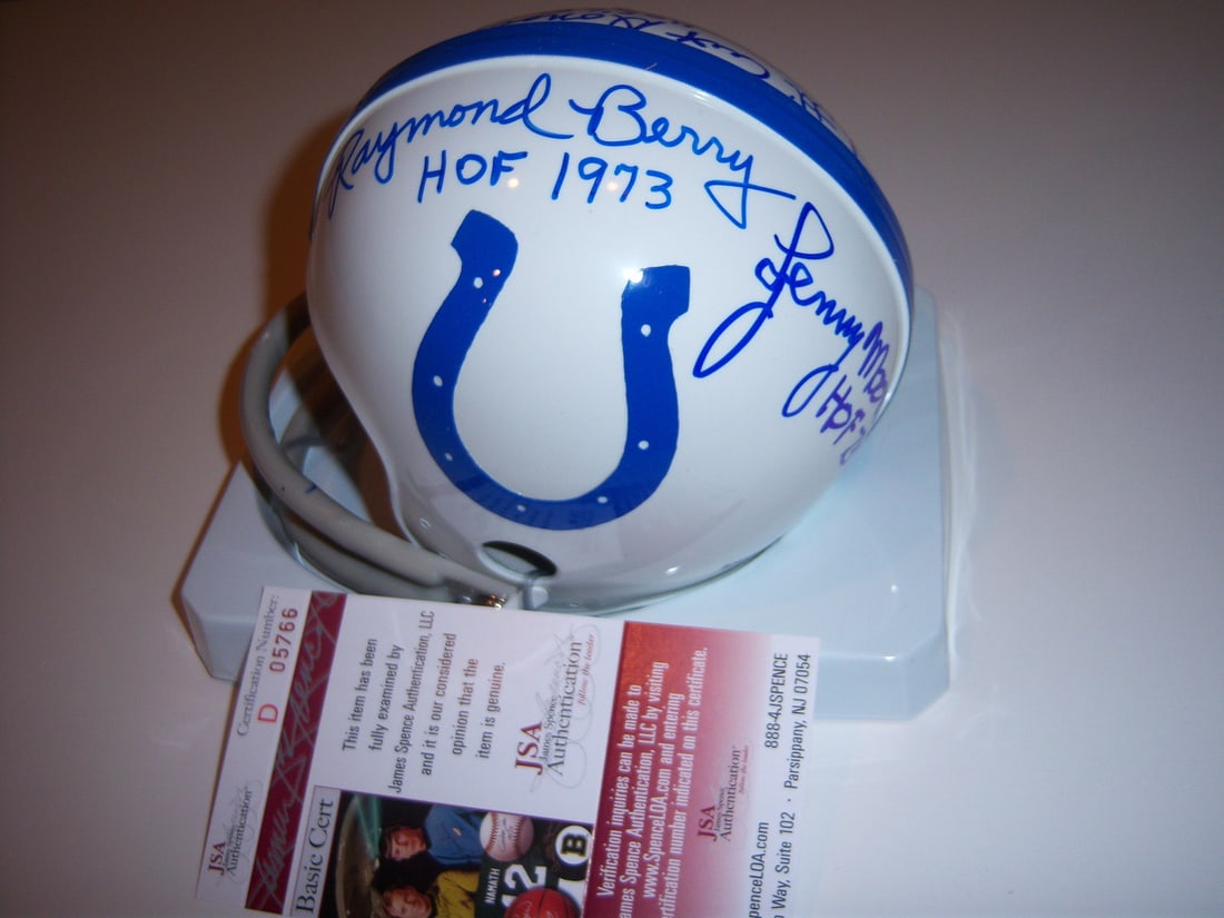 Mini Football Helmet Signed by Donovan Moore Berry Marchetti with JSA COA: Mini Football Helmet Signed by Donovan Moore Berry Marchetti with JSA COA This mini helmet is signed by Art Donovan, Lenny Moore, Raymond Berry, and Gino Marchetti. It is an original football NFL coll