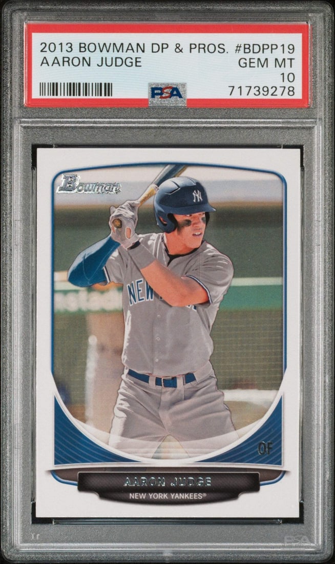 2013 Bowman Aaron Judge #BDPP19 RC Graded PSA 10 Baseball Card: 2013 Bowman Aaron Judge #BDPP19 RC Graded PSA 10 Baseball Card This is a graded 2013 Bowman DP & Prospects Aaron Judge #BDPP19 rookie baseball card, graded 10 by Professional Sports Authenticator (PSA