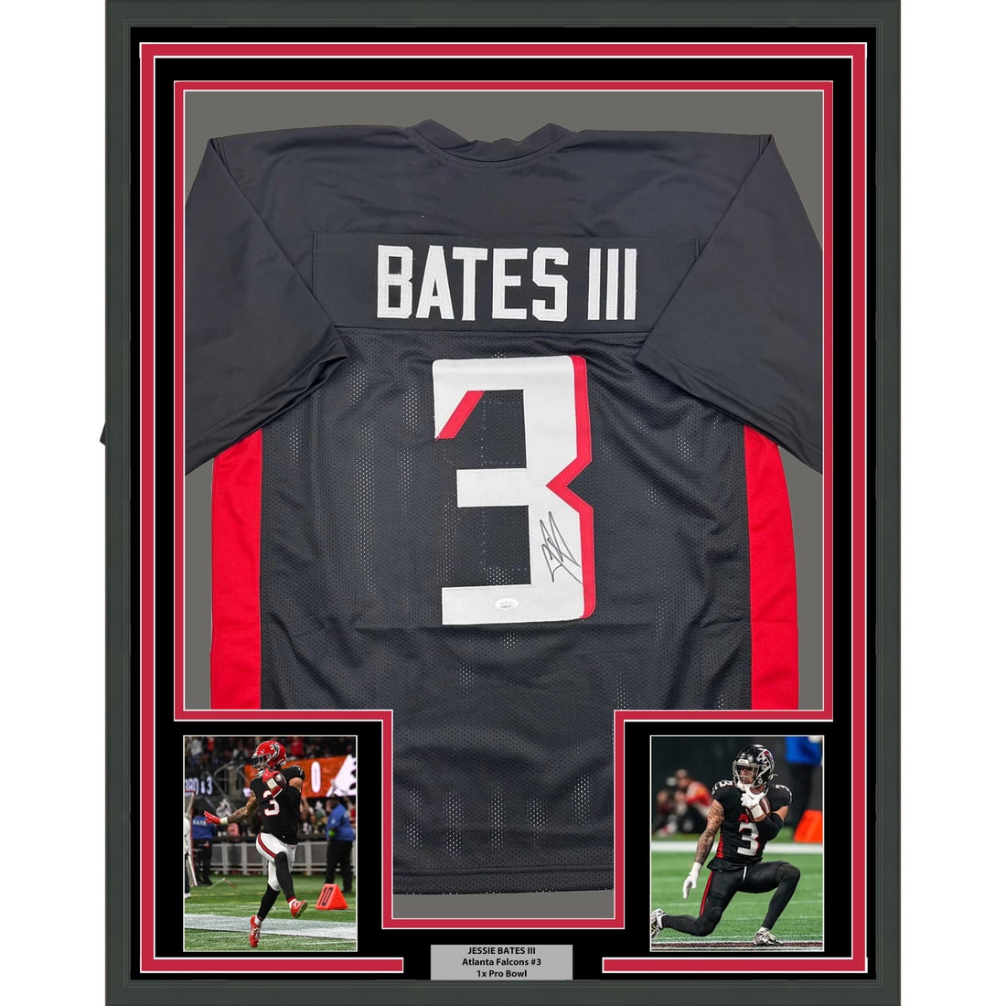 Framed Autographed Jessie Bates III Atlanta Falcons Jersey JSA COA 35x39: Framed Autographed Jessie Bates III Atlanta Falcons Jersey JSA COA 35x39 This professionally framed and matted display features an autographed Jessie Bates III Atlanta Falcons black jersey, measuring 