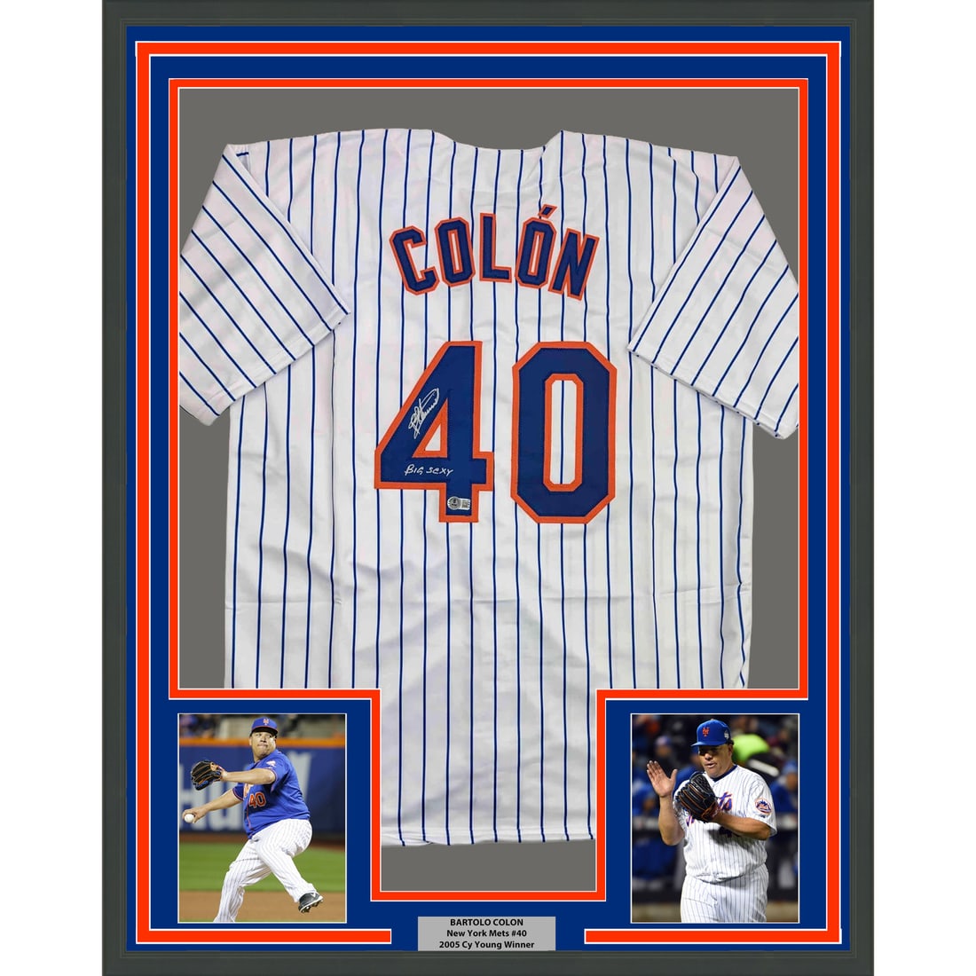 Bartolo Colon Signed Mets Big Sexy Framed Jersey 35x39 BAS COA: Bartolo Colon Signed Mets Big Sexy Framed Jersey 35x39 BAS COA This framed display features a Bartolo Colon pinstripe jersey autographed by the player. The jersey is professionally framed and matted a