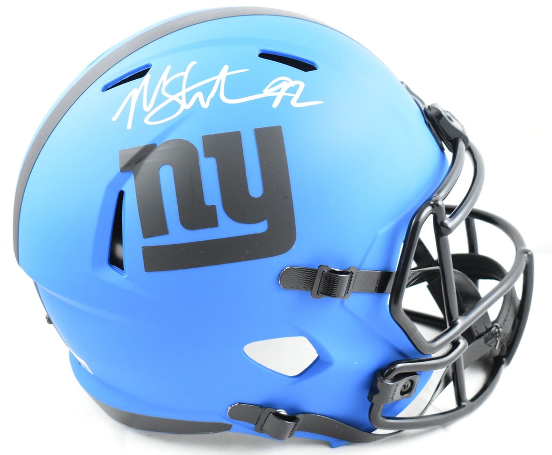 New York Giants Full Size Rave Speed Helmet Signed by Michael Strahan Beckett Holo: New York Giants Full Size Rave Speed Helmet Signed by Michael Strahan Beckett Holo This full-size Rave Speed helmet is autographed by Michael Strahan and represents the New York Giants. The helmet is 