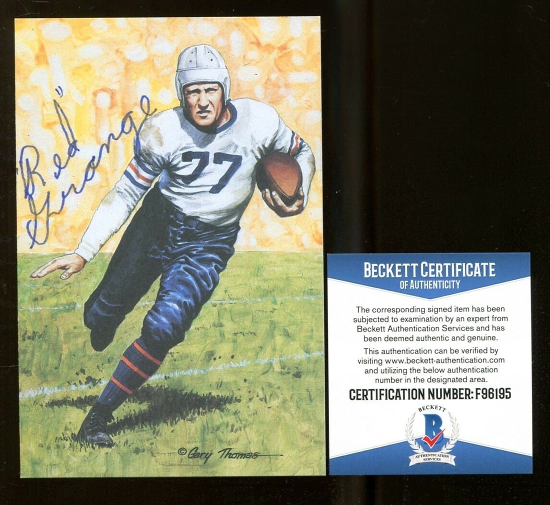 Red Grange Autographed Goal Line Art Card Chicago Bears BAS Certified: Red Grange Autographed Goal Line Art Card Chicago Bears BAS Certified This is an authentic, original autographed goal line art card featuring legendary football player Red Grange. The card is official