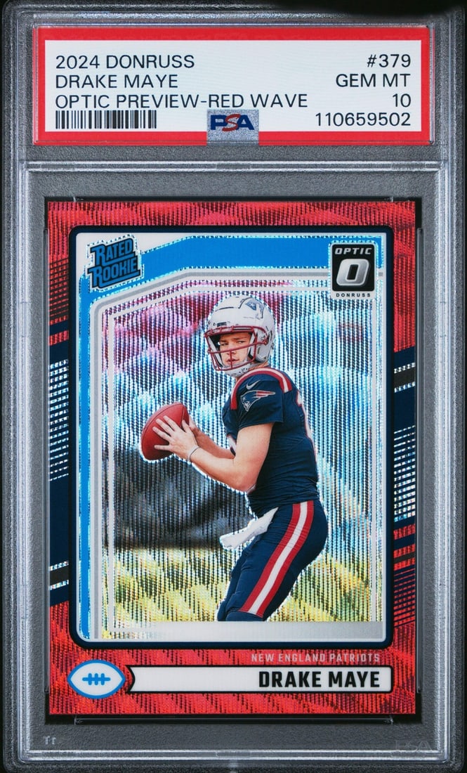 2024 Panini Donruss Drake Maye #379 Optic Red Wave PSA 10 Football Card: 2024 Panini Donruss Drake Maye #379 Optic Red Wave PSA 10 Football Card This is a Graded 2024 Panini Donruss Drake Maye #379 Optic Red Wave Football Card, featuring the talented player Drake Maye of t