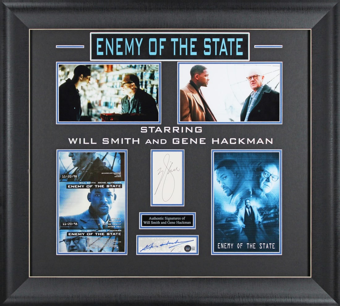 Will Smith Gene Hackman Enemy Of The State Signed Framed Display Beckett Authenticated: Will Smith Gene Hackman Enemy Of The State Signed Framed Display Beckett Authenticated This stunning framed display features a photograph personally signed by both Will Smith and Gene Hackman, renowne