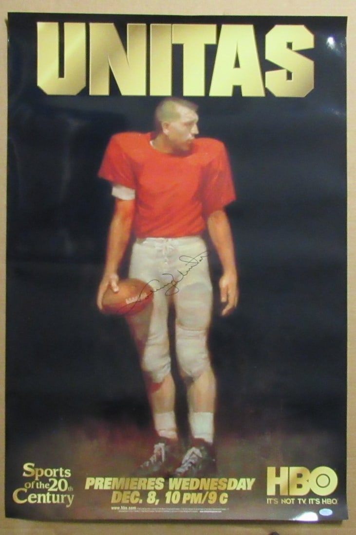 Johnny Unitas Autographed 27x40 Movie Poster PSA/DNA Certified: Johnny Unitas Autographed 27x40 Movie Poster PSA/DNA Certified This is an original, autographed 27x40 "Unitas" movie poster featuring the legendary football player Johnny Unitas. The poster is a litho