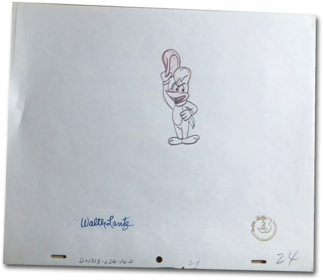 Walter Lantz Signed Original 10X12 Woody Woodpecker Production Drawing: Walter Lantz Signed Original 10X12 Woody Woodpecker Production Drawing This is an original 10X12 production drawing of Woody Woodpecker, hand-signed by the renowned animator Walter Lantz. This unique 
