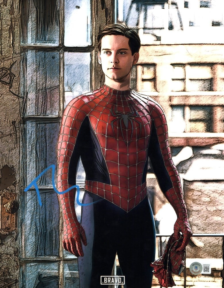 Tobey Maguire Autographed 11x14 Spider-Man Photo Beckett Authenticated: Tobey Maguire Autographed 11x14 Spider-Man Photo Beckett Authenticated This striking 11x14 photograph features Tobey Maguire as Spider-Man, beautifully rendered with his signature. The autograph has b
