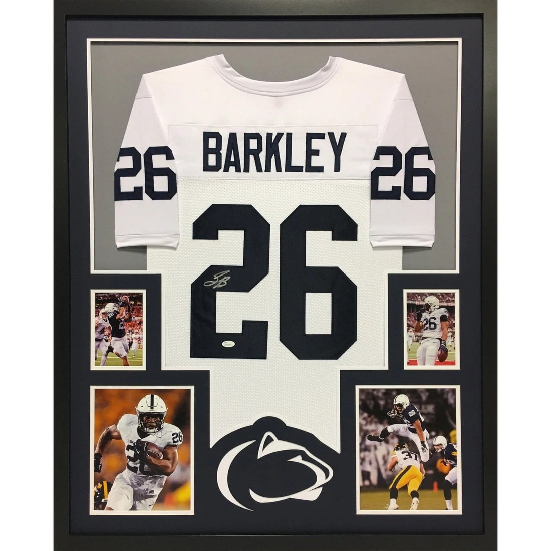 JSA Autographed Saquon Barkley Penn State Framed Jersey: JSA Autographed Saquon Barkley Penn State Framed Jersey This is a framed Saquon Barkley jersey autographed and authenticated by JSA. The jersey is professionally framed with attention to detail and fe