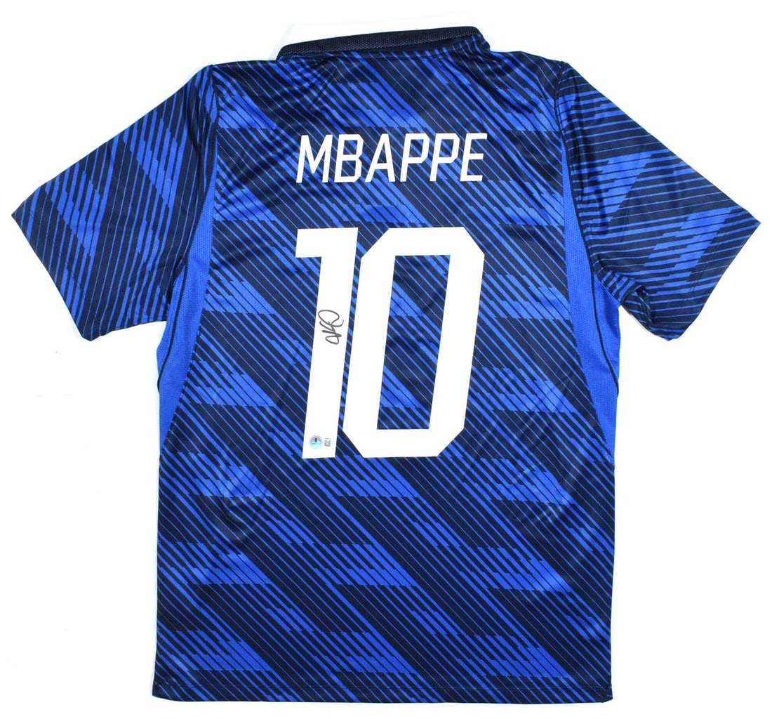 Kylian Mbappe France Home Soccer Jersey Autographed Beckett Holo M LOA: Kylian Mbappe France Home Soccer Jersey Autographed Beckett Holo M LOA This is an original France home soccer jersey featuring the number 10 and autographed by Kylian Mbappe. The jersey includes Becke