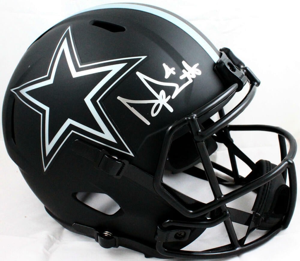 Dak Prescott signed Cowboys Eclipse Speed full size helmet Beckett holo: Dak Prescott signed Cowboys Eclipse Speed full size helmet Beckett holo This Dallas Cowboys full-size Eclipse Speed helmet features an authentic autograph from Dak Prescott. The helmet comes with Beck