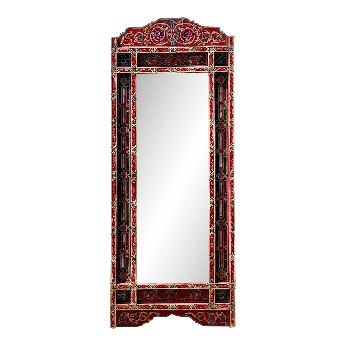 Vintage Boho Hand-Painted Gypsy Wagon Mirror 24.5x61 Red Wood Frame: Vintage Boho Hand-Painted Gypsy Wagon Mirror 24.5x61 Red Wood Frame Embrace the enchanting beauty of this Vintage Boho Hand-Painted Gypsy Wagon Mirror, a striking piece that celebrates whimsical artis