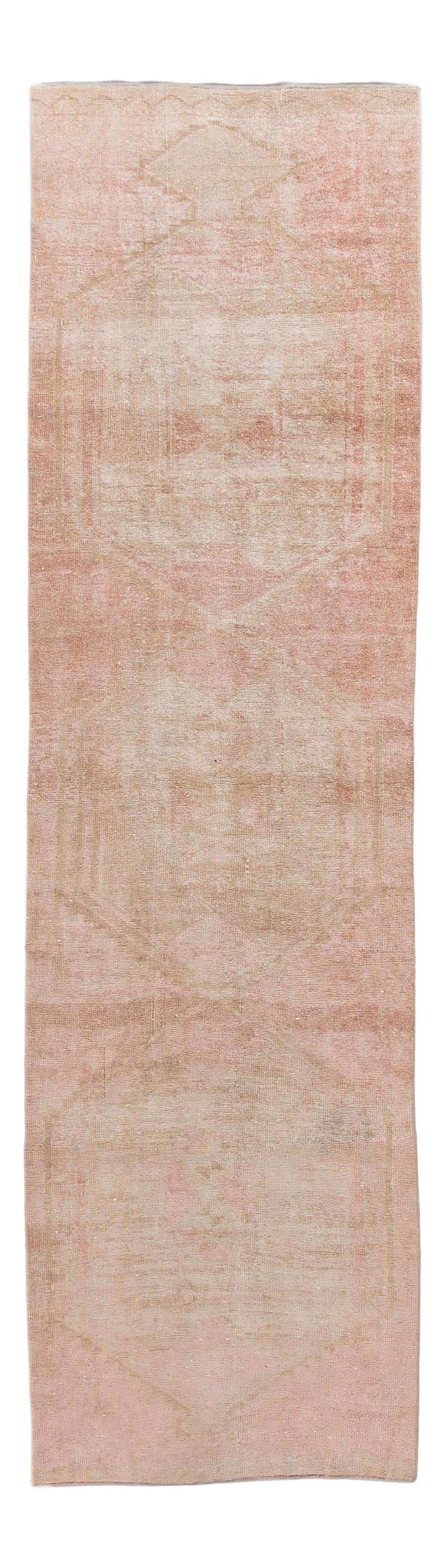 Vintage Turkish Peach Wool Runner Rug Geometric Tribal Design 3'4" x 12'3": Vintage Turkish Peach Wool Runner Rug Geometric Tribal Design 3'4" x 12'3" Enhance your space with this exquisite vintage Turkish handmade wool runner. Featuring a soft peach field and intricate tan a