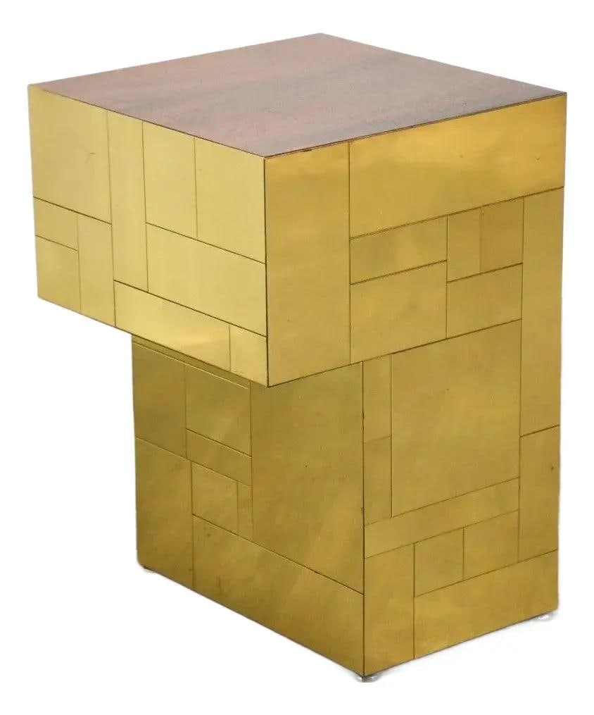 1970s Paul Evans Brass Cityscape End Table Rosewood Top: 1970s Paul Evans Brass Cityscape End Table Rosewood Top This exquisite end table, designed by Paul Evans for Directional, features a striking post-modern brass cityscape design complemented by a rich 