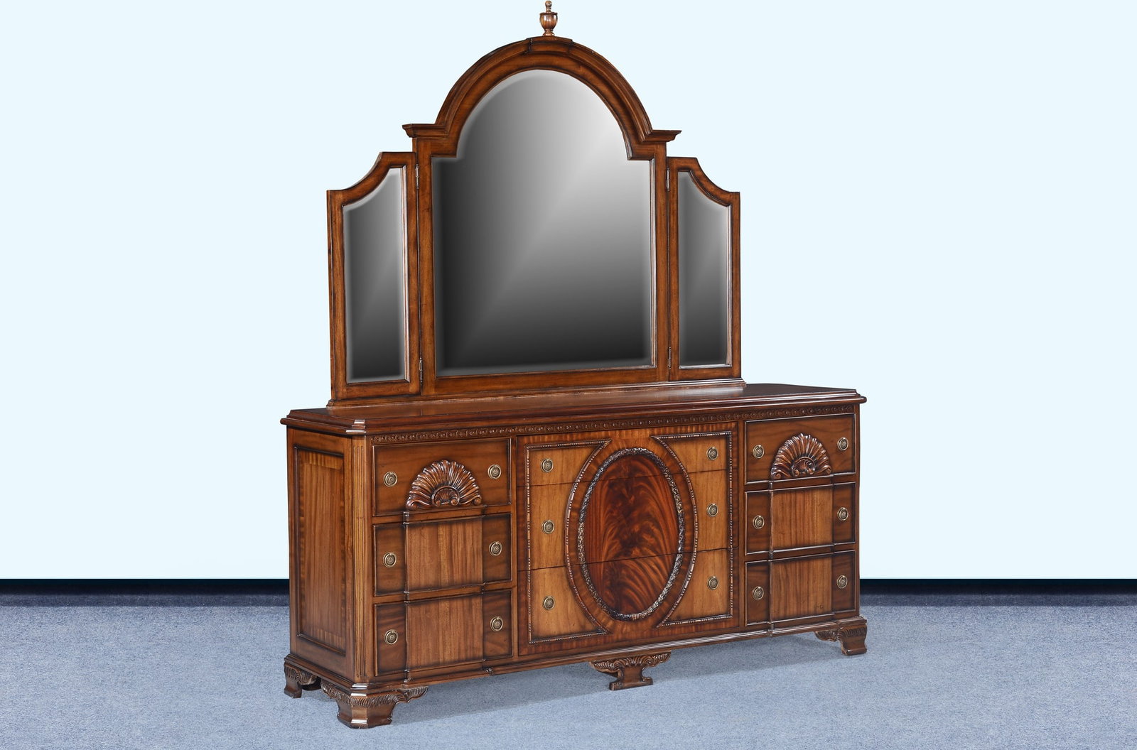 Victorian Style Dresser with Lion Head and Mirror in Mahogany: Victorian Style Dresser with Lion Head and Mirror in Mahogany Enhance your bedroom with this elegant dresser featuring a stunning lion head design and a matching mirror. Crafted in a traditional Victo