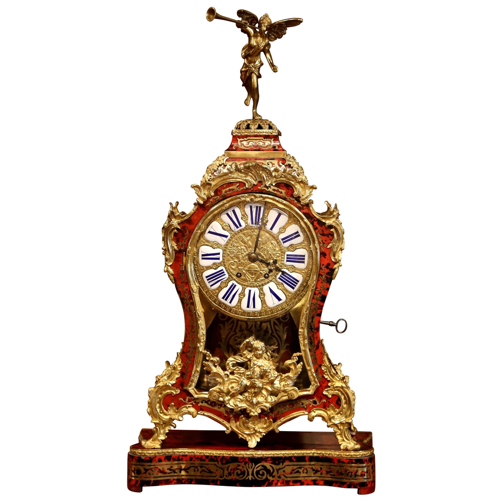 Vintage French Louis XV Boulle Mantel Clock with Cherub Finial: Vintage French Louis XV Boulle Mantel Clock with Cherub Finial This exquisite vintage Boulle mantel clock is a striking representation of French Louis XV style, crafted in France circa 1950. Standing 