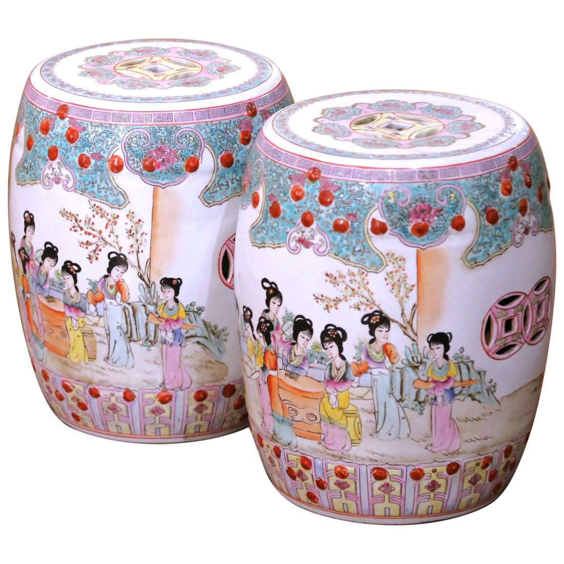 Set of 2 Chinese Porcelain Famille Rose Hand-Painted Garden Stools: Set of 2 Chinese Porcelain Famille Rose Hand-Painted Garden Stools This pair of mid-century Chinese Famille Rose porcelain garden stools showcases intricate hand-painted scenes, raised dot appliques, 