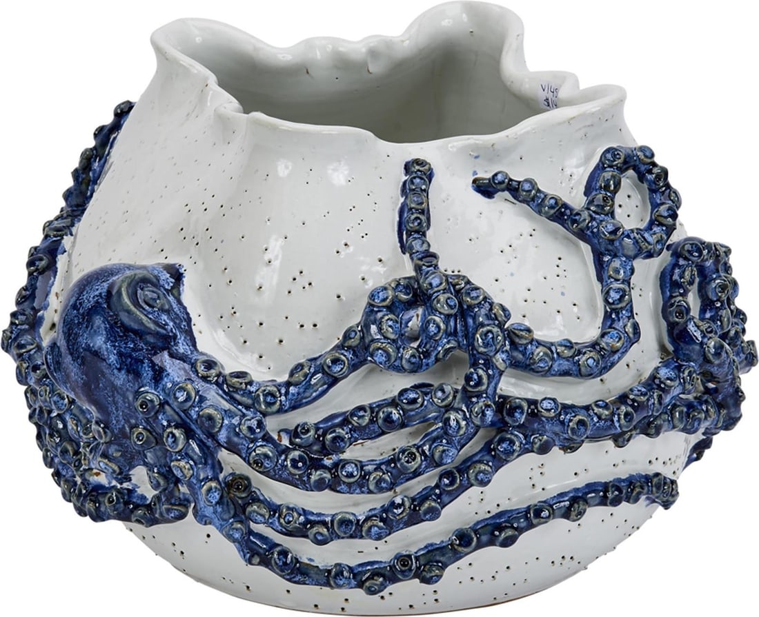 New Ceramic Octopus Bowl White Blue 8.5H 12W 12D (1 of 1)